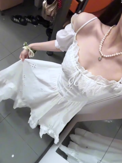 Gentle style white hollow suspender dress unique waist temperament long skirt R0509