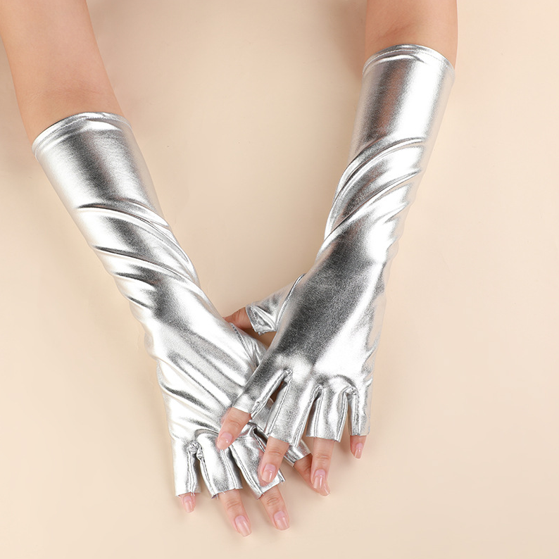 Half Finger Patent Leather Stretch Gloves Holiday Party Cosplay Costume Decoration Mid-Length     S6264