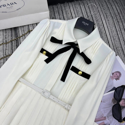 PRADA 25S LONG-SLEEVE COLLARED PLEATED DRESS 360