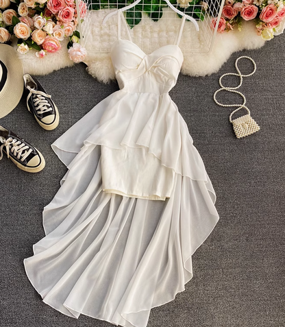 High waist irregular tube top suspender dress design fairy dress chic gentle style long skirt dress R0401