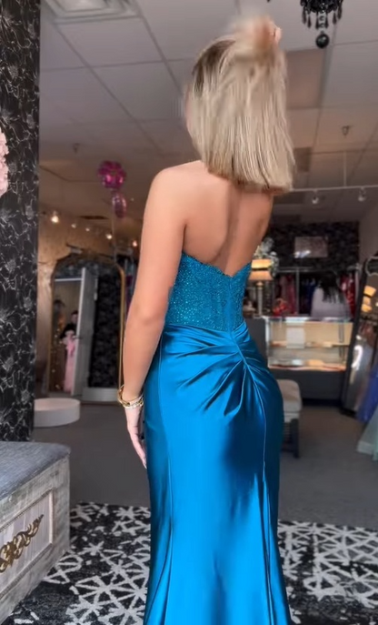 Sexy Red Strapless Sheath Satin Split Long Evening Party Dress Birthday Dress, D771