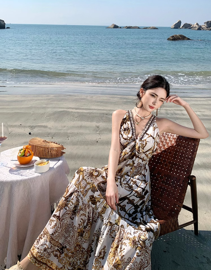 Bohemian style v-neck floral suspender dress temperament waist A-line long skirt R0592