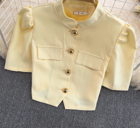 Fashion suit Stand collar single breasted puff sleeve short top two piece set high waist skirt R0327