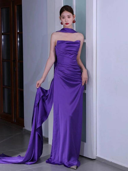 Charming Purple Strapless Mermaid Satin Long Party Dress Evening Gown, D968