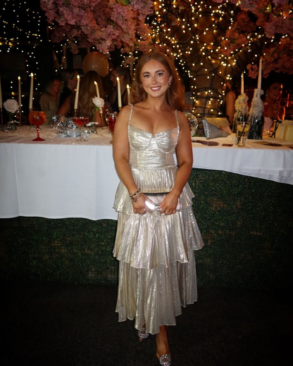 Silver Spaghetti Straps A-Line Tiered Long Formal Party Dress MD7473