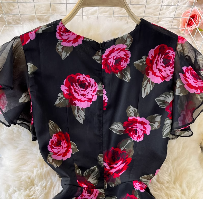 Ruffled waist slimming temperament lady V-neck hip fishtail chiffon dress fashionable dress skirt R0370