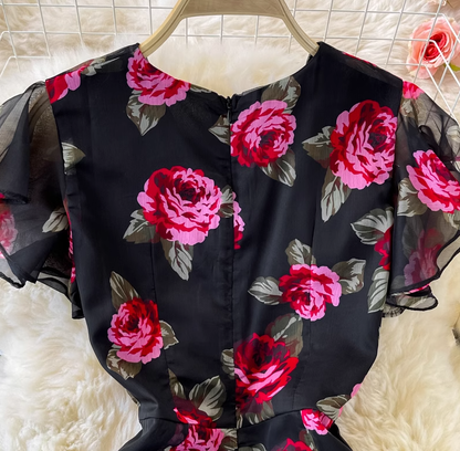 Ruffled waist slimming temperament lady V-neck hip fishtail chiffon dress fashionable dress skirt R0370