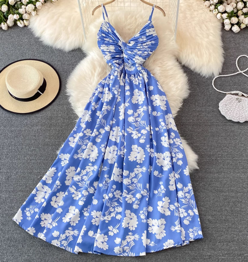 Beach dress super fairy seaside vacation long skirt V neck A line suspender dress R0342