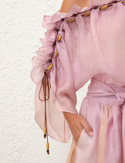 ZIMMER SILK MIDI DRESS IN PASTEL BLUE-GREEN AND LIGHT PURPLE