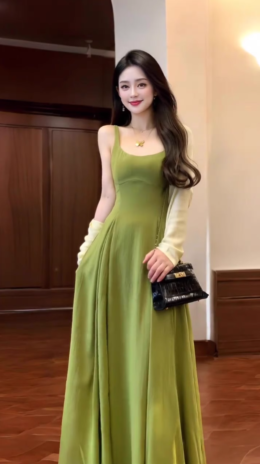High-grade green square-neck suspender dress, gentle style, beautiful waist temperament long dress R0471