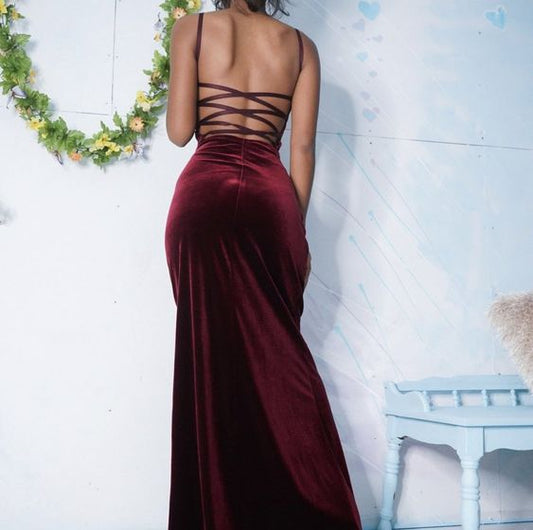 Elegant Mermaid Square Neck Burgundy Velvet Long Prom Dress    fg2327