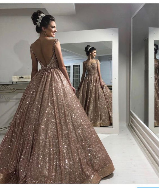 Champagne sequin long prom dress ball gown evening dress