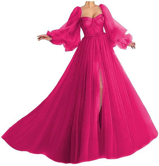 Puffy Sleeve Prom Dress Sweetheart Tulle Ball Gown A Line Princess Wedding Formal Evening Gowns with Split