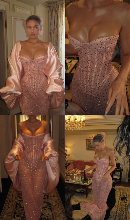 Shiny Pink Sweetheart Sequins Mermaid Long Evening Party Dress MD7354