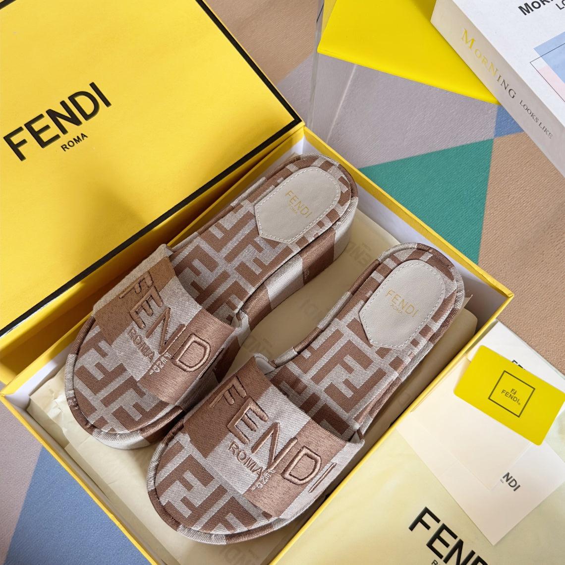 FF Sunshine 65 Light Brown Grey Canvas Flatform Slide