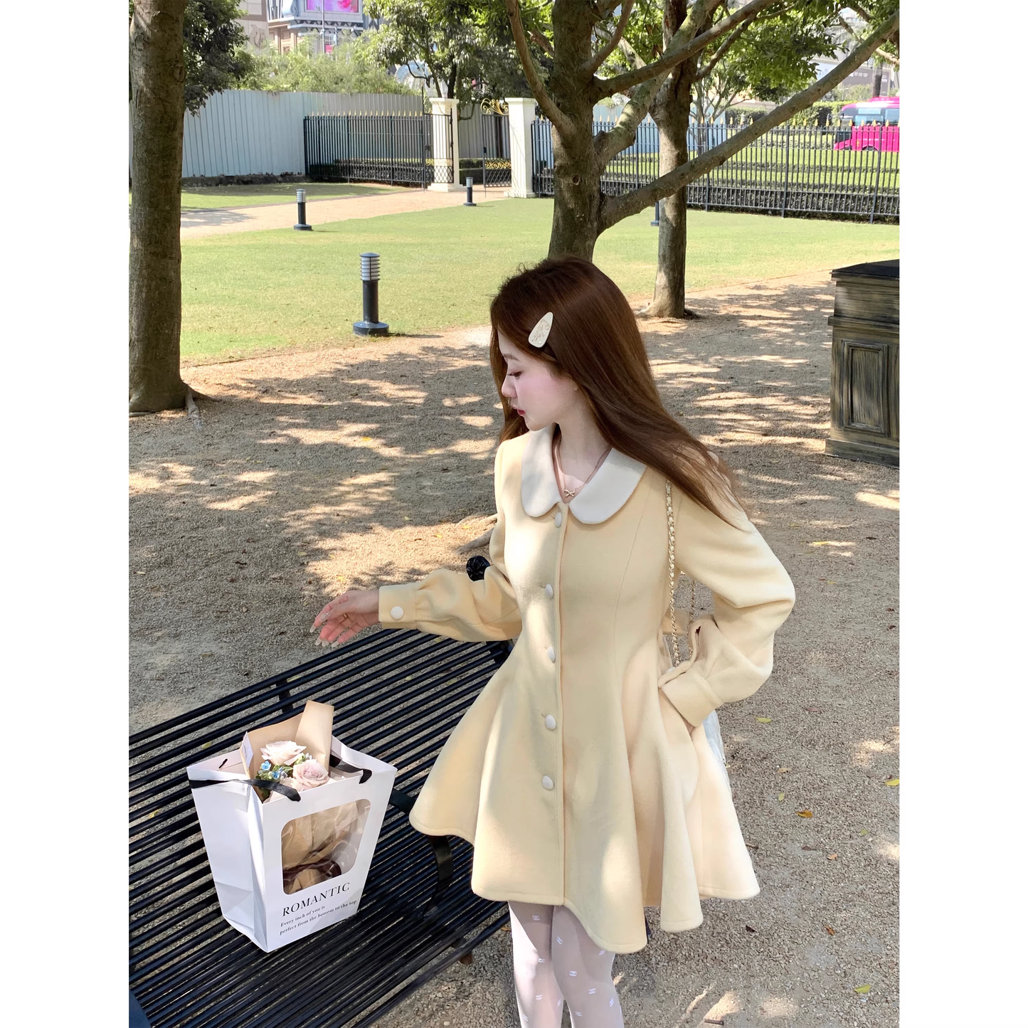 Creamy yellow coat, fitted waist dress, autumn petite cape coat  A24