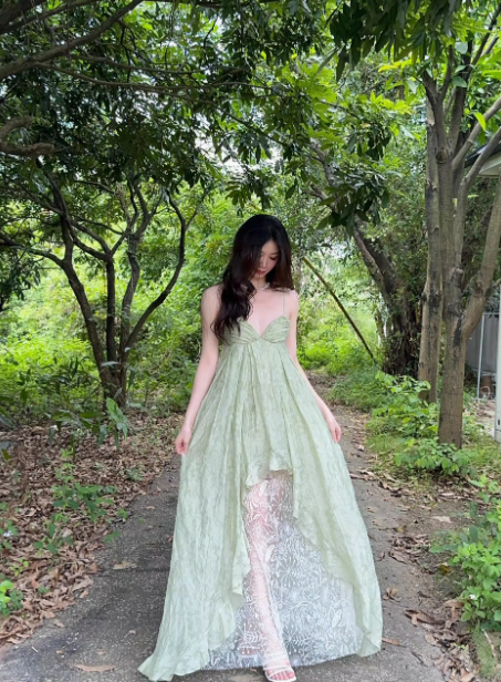 French style green v-neck suspender dress seaside holiday pure sexy backless long dress R0241