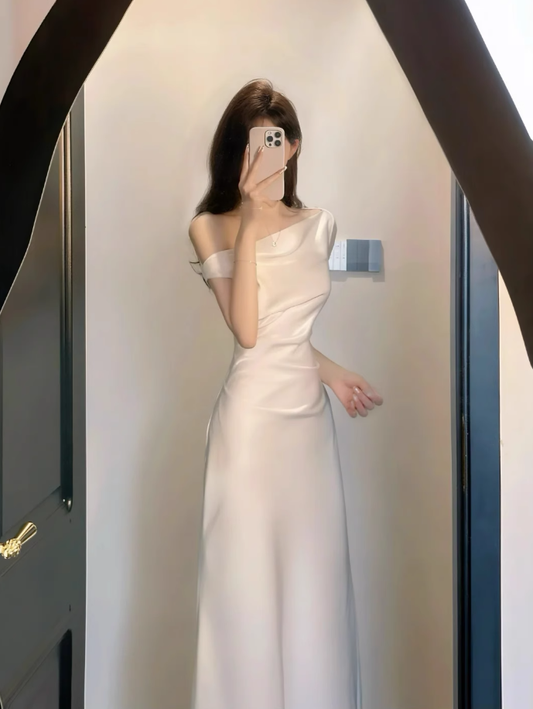 French style high-end sway collar off-shoulder dress waist-hugging hip acetate satin banquet dress R0426