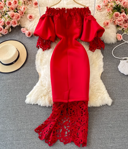 Retro French style waisted hip dress long skirt lace one-shoulder off-shoulder lantern sleeve dress R0383