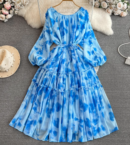Gentle style lady temperament long sleeve low round neck waist medium length A-line printed dress R0392