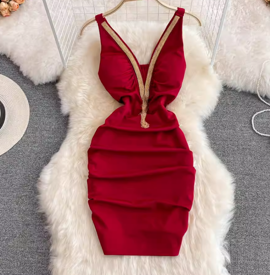 Fashionable slim fit sexy V-neck low-cut slit irregular sleeveless slim fit short hip dress R0369