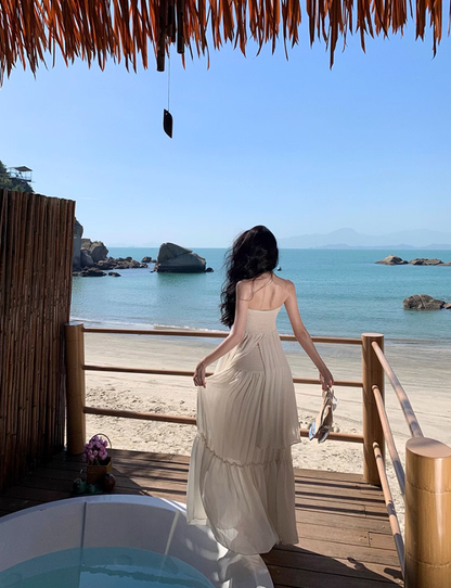 French retro atmosphere super fairy vacation sexy tube top halter neck suspender long dress R0190