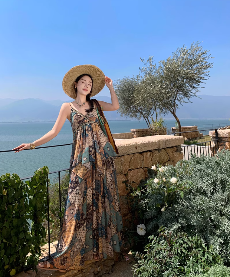 French retro v-neck floral camisole a-line skirt two-piece suit R0603