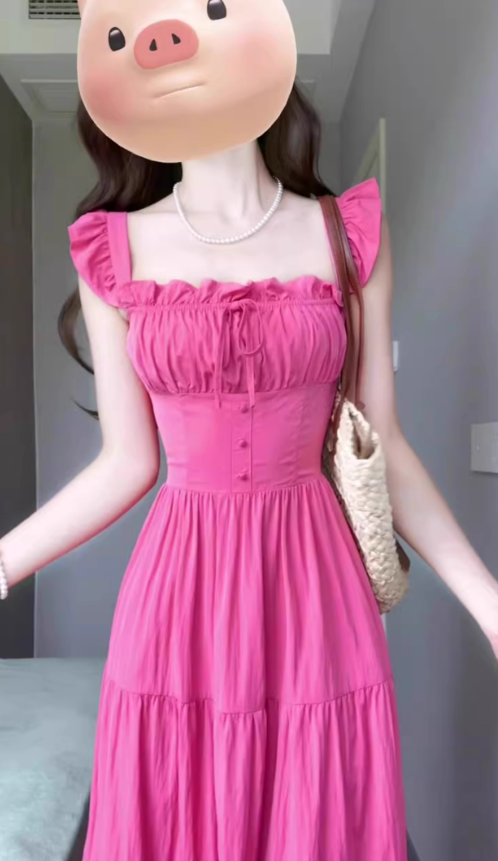 French square neck rose red tie waist dress beautiful gentle style backless long skirt R0462