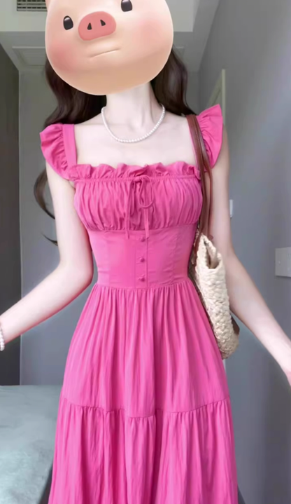 French square neck rose red tie waist dress beautiful gentle style backless long skirt R0462