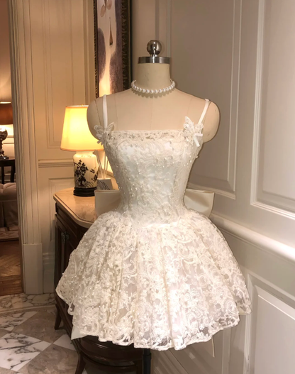 White lace suspenders slim waist A-line skirt short skirt homecoming dress R4161