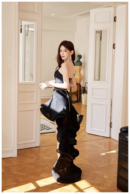 Sexy Strapless Black Ruffle Irregular Swallowtail Hem Birthday Dress Long Evening Gown