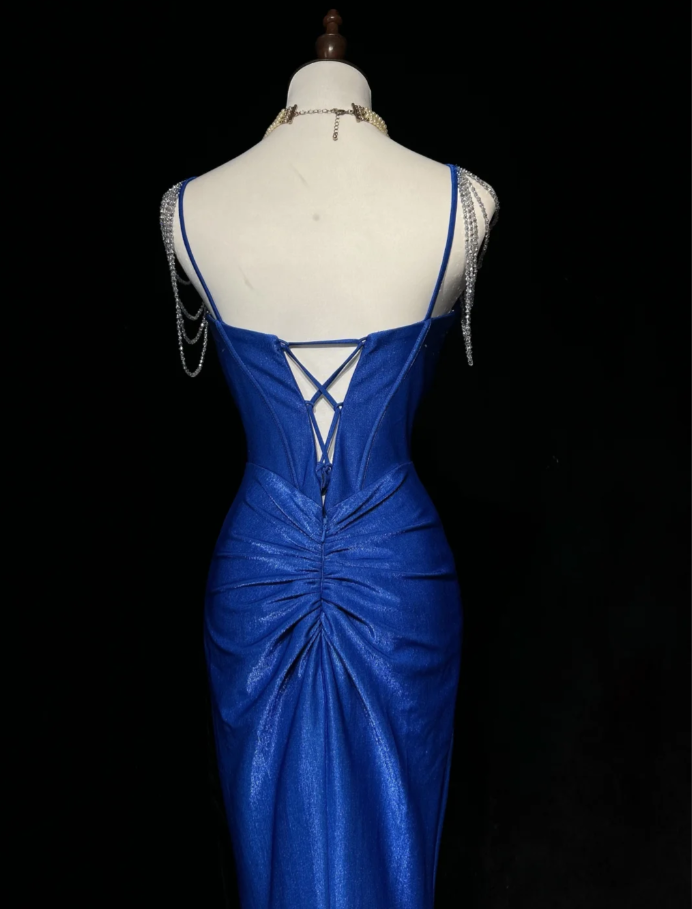Charming Spaghetti Straps Royal Blue Satin Beaded Mermaid Long Evening Dress Birthday Prom Dress SP1961