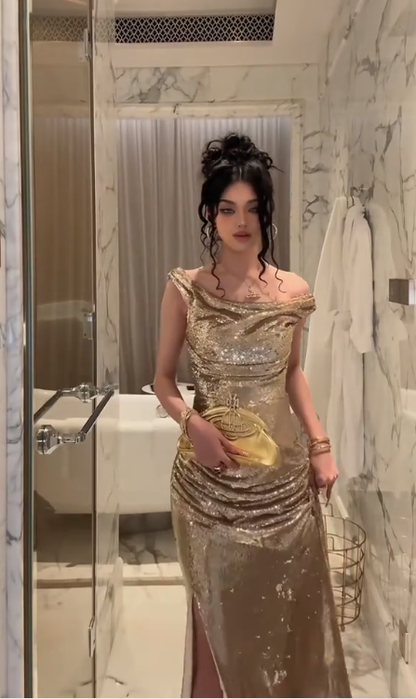 Elegant Champagne Gold Sequins Mermaid Prom Dress,Off Shoulder Slit Long Prom Dress Party Gown cc2804