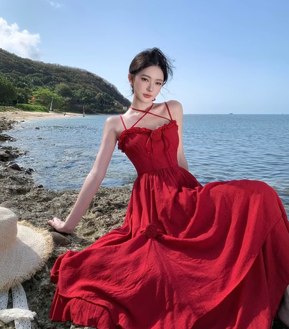 Photo-taking temperament romantic red rose lace-up large waist slimming suspender dress R0188