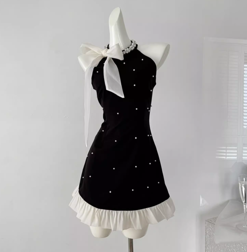 Bowknot halter neck black suspender dress 2025 slim A-line skirt beaded diamond bottoming skirt R0283