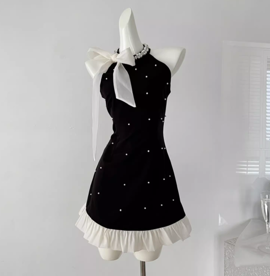 Bowknot halter neck black suspender dress 2025 slim A-line skirt beaded diamond bottoming skirt R0283