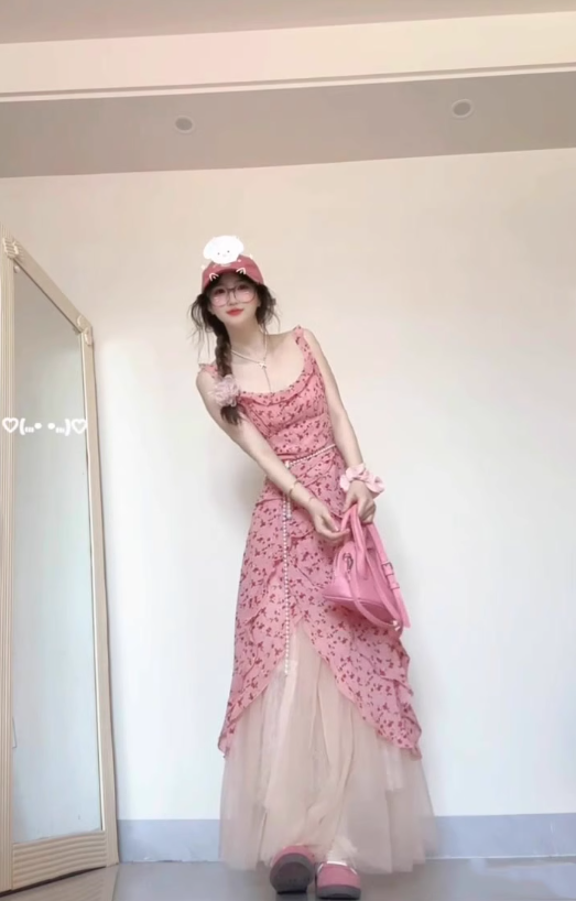 Tea break French pink suspender floral dress seaside vacation unique waist temperament long dress R0422