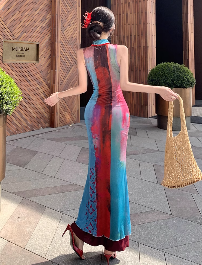 Retro contrast color hollow dress sexy temperament waist slim hip skirt R0658
