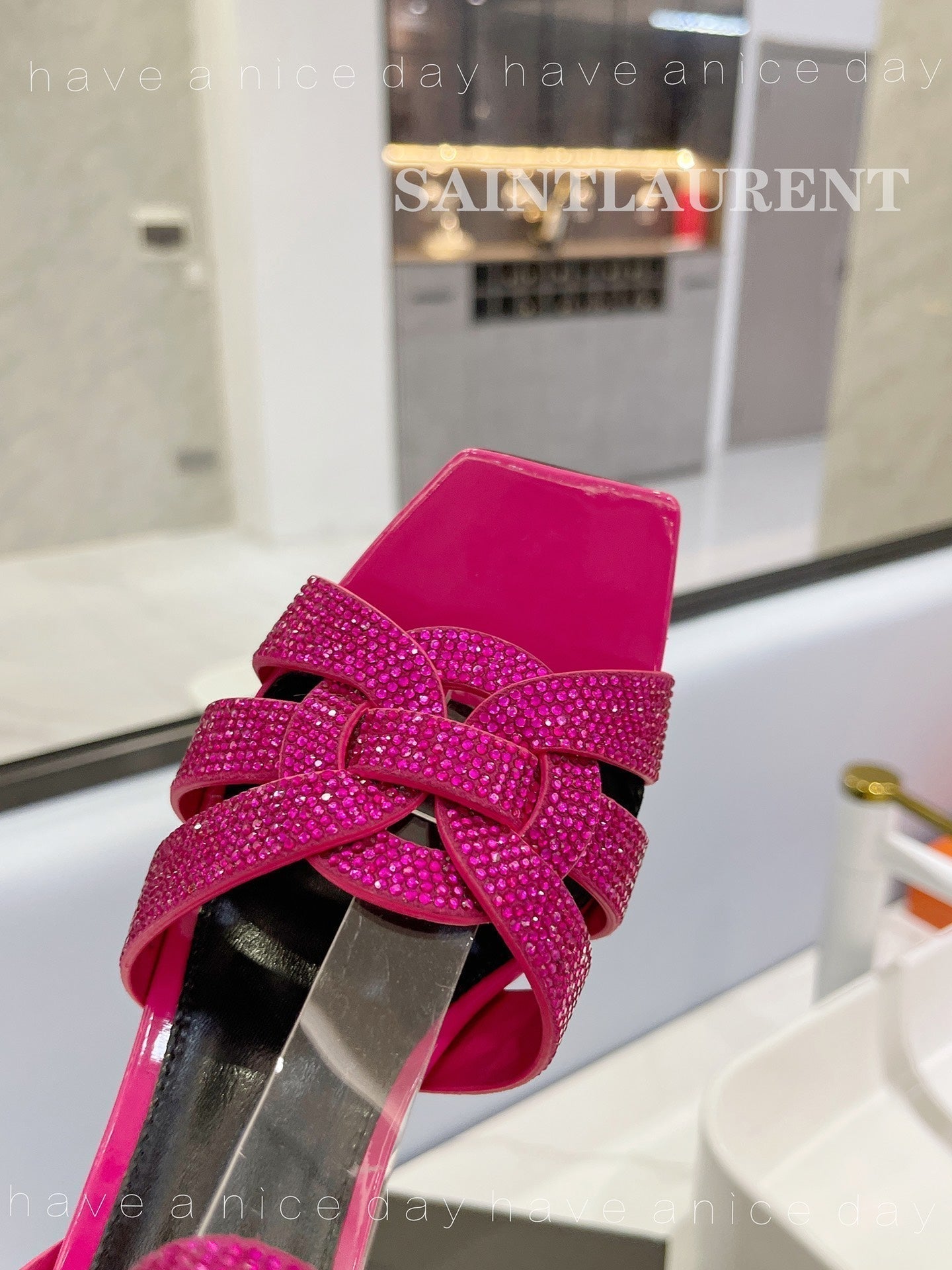 SL TRIBUTE CRYSTAL SANDALS DEEP PINK CALFSKIN