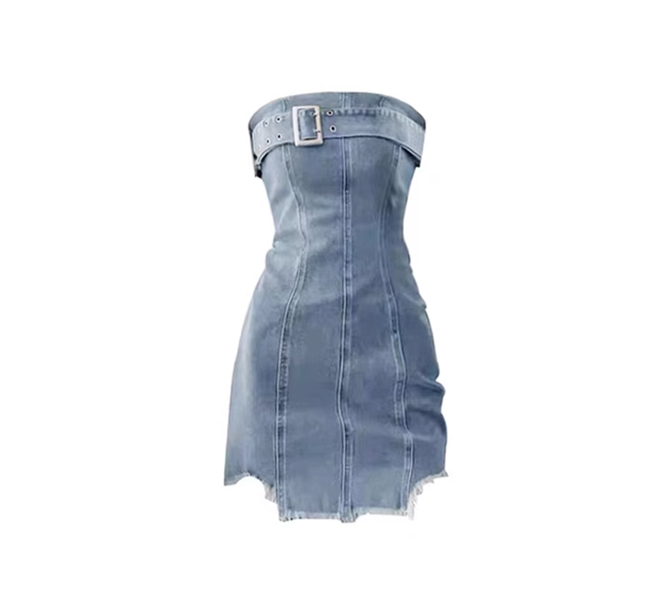 American hot girl tube top denim dress female pure desire hip wrap waist slim short skirt design niche R0124