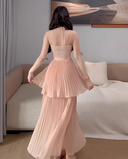 Gentle style pink halter neck suspender dress with beautiful atmosphere R0821