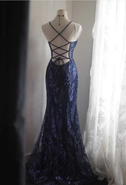 Luxurious Spaghetti Straps Tulle Sequin Mermaid Long Party Dress Navy Blue Evening Dress D2208