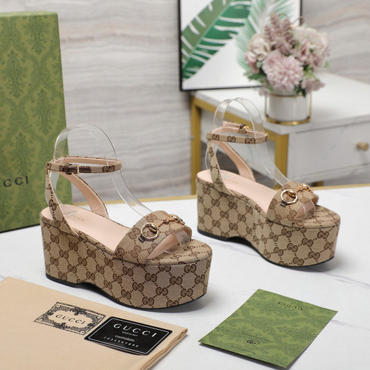 GG  Horsebit Wedges Sandals Brown