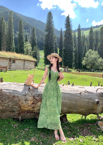 Green long v-neck small flying sleeve waist suspender dress summer temperament skirt R4906