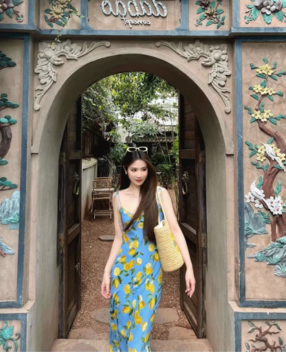 Dress lemon print holiday French backless knee-length suspender dress R2903