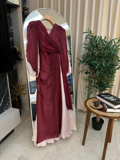 Modest Burgundy Long Sleeves A-Line Chiffon Long Evening Party Dress MD7379