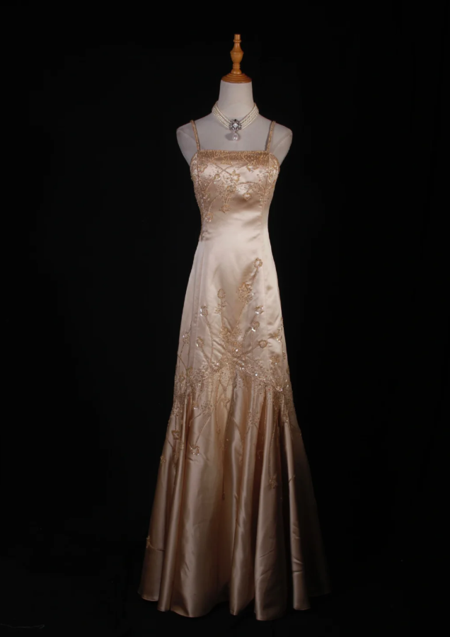 Fashion Spaghetti Straps Yellow Satin Beaded Mermaid  Long Party Dress Evening Dress D2249