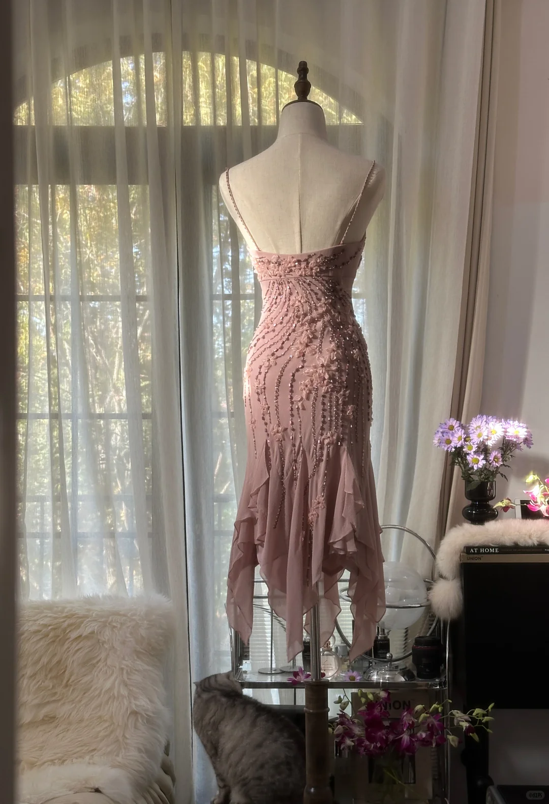 Retro Pink Sparkling Beaded Spaghetti Strap Romantic Chiffon Evening Dress Prom Dresses, D1460