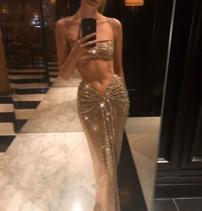 Sexy Two Piece Evening Dresses Spaghetti Straps Prom Gown     S6952