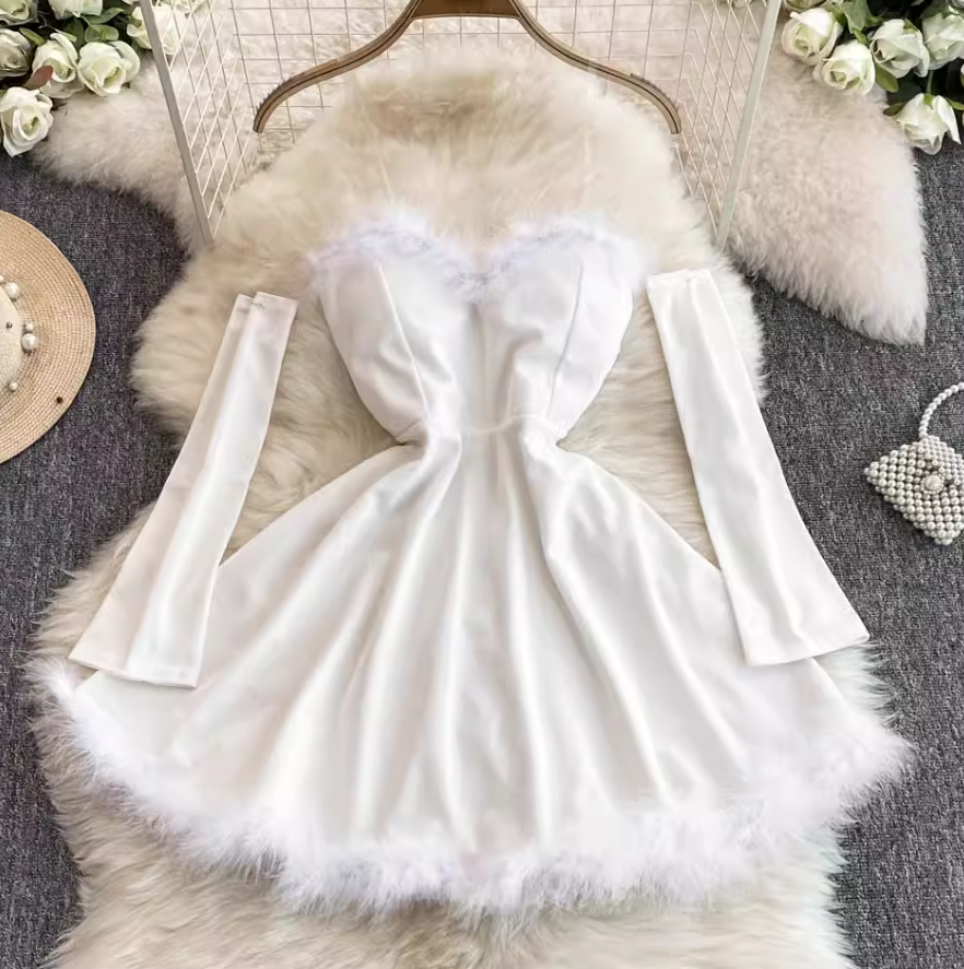Women's Christmas dress, sexy low-cut waist-slimming, long-swing fur suspender tube top dress R0356